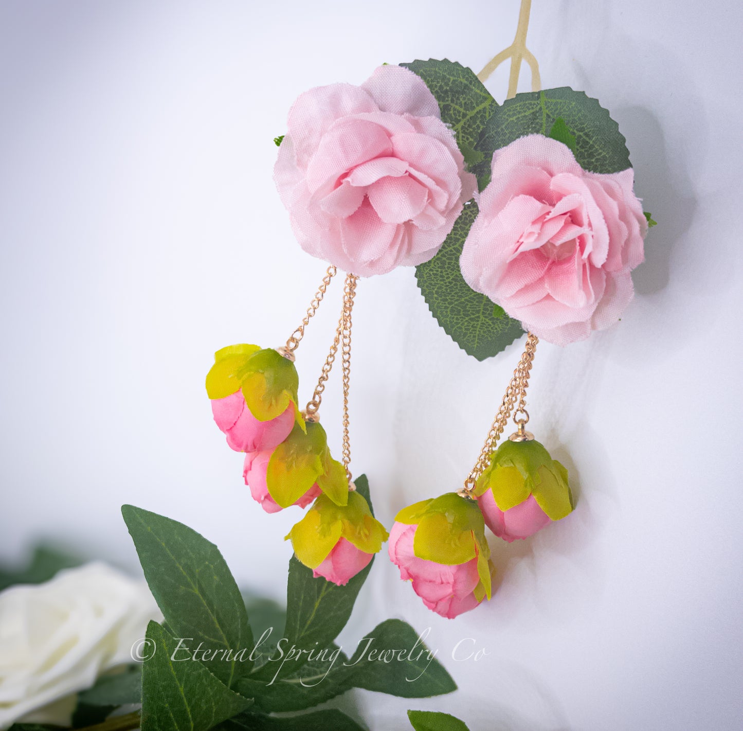 Whimsical Rose Bloom Fabric Flower Earrings with Golden Chain & Rose Bud Drops