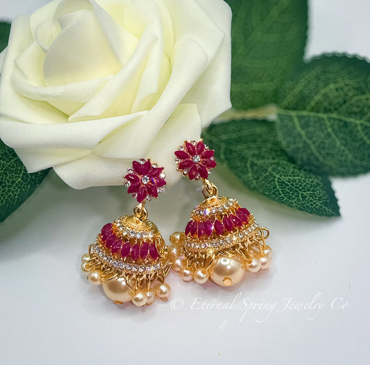 Elegant Golden Jhumka Earrings with Ruby-Red Echinacea Flower, White Crystals and Pearl Drops