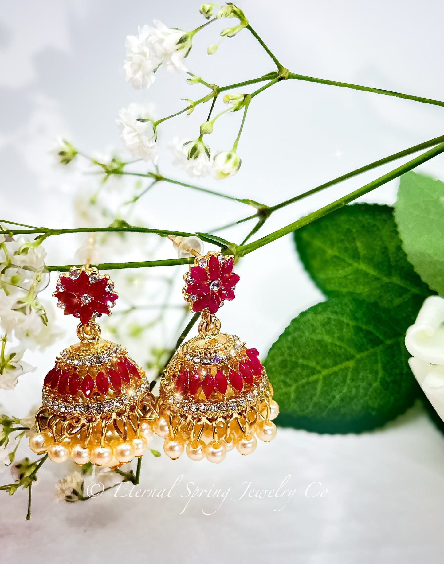 Elegant Golden Jhumka Earrings with Ruby-Red Echinacea Flower, White Crystals and Pearl Drops