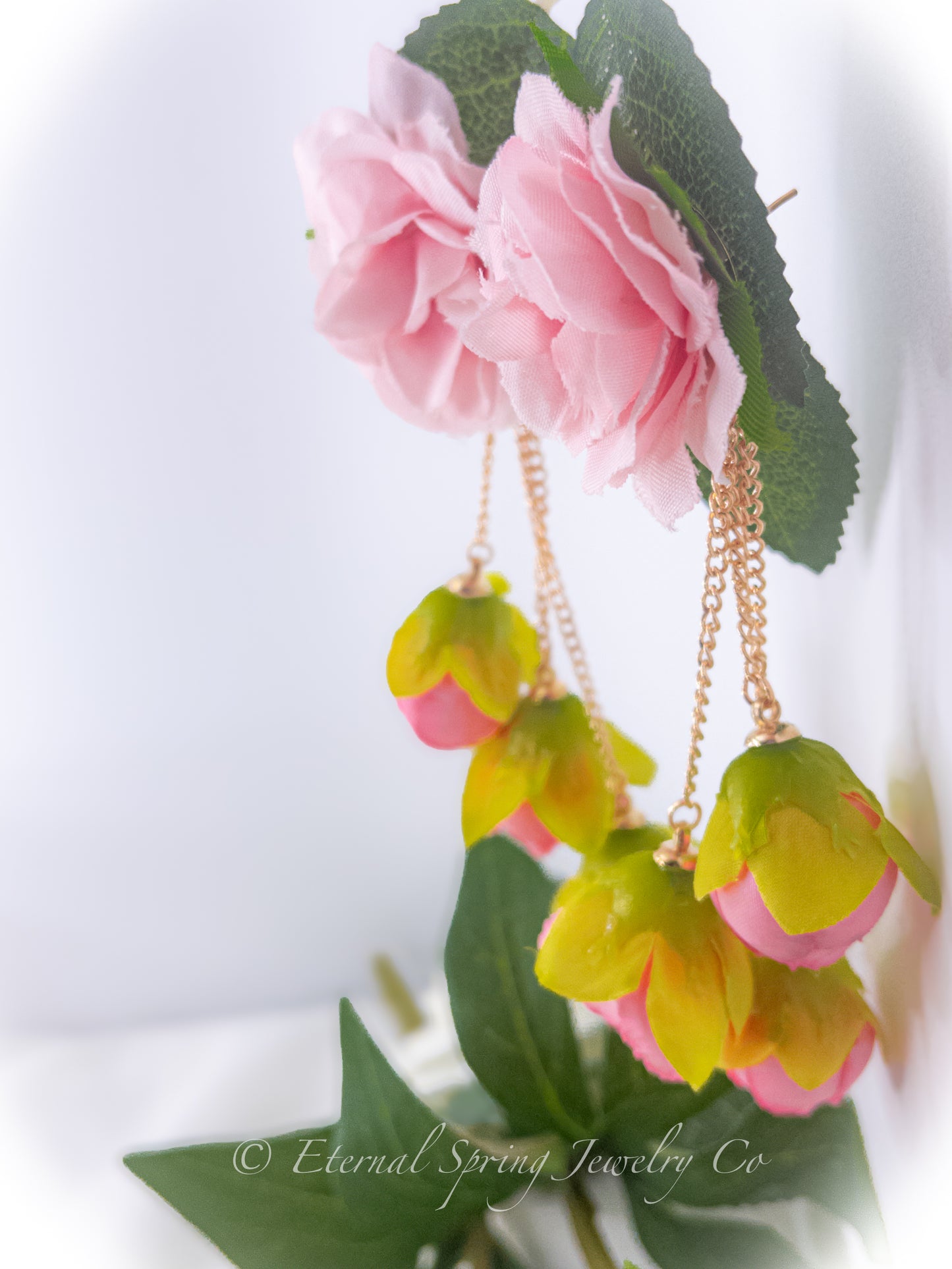 Whimsical Rose Bloom Fabric Flower Earrings with Golden Chain & Rose Bud Drops