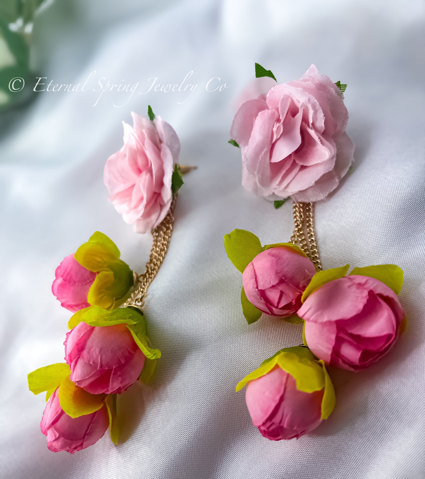 Whimsical Rose Bloom Fabric Flower Earrings with Golden Chain & Rose Bud Drops