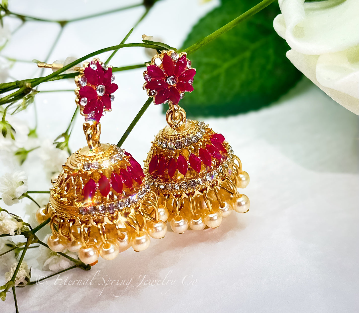 Elegant Golden Jhumka Earrings with Ruby-Red Echinacea Flower, White Crystals and Pearl Drops