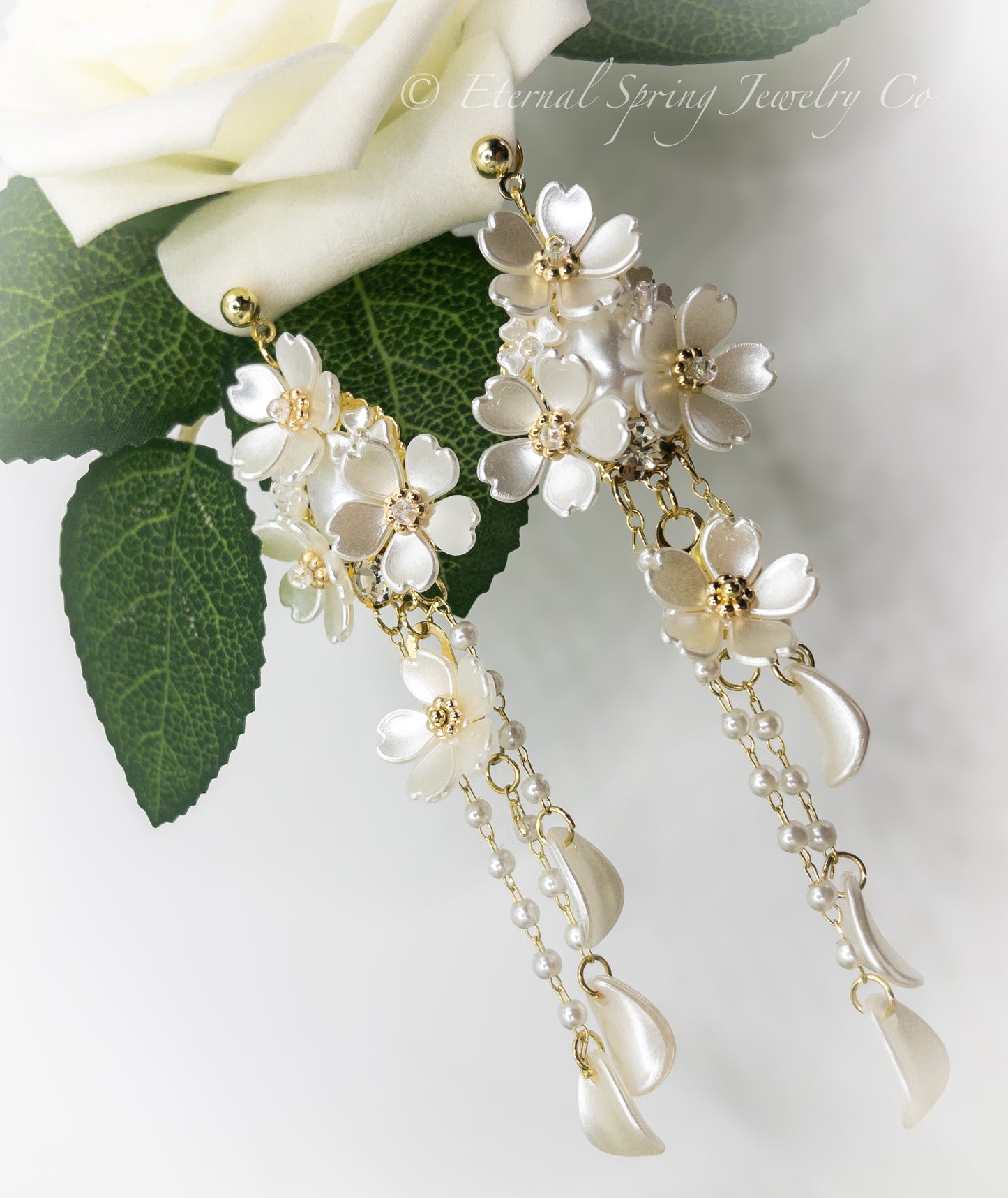 Lightweight, Pearlized White Musk Flower Earrings, Golden Chain & Petal Drops