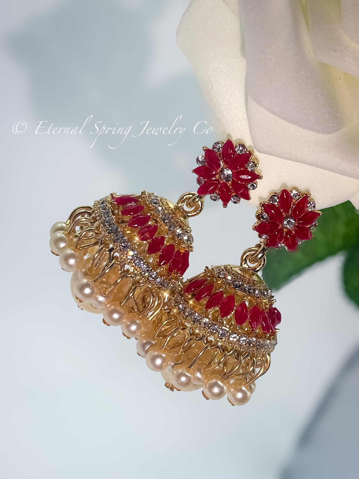 Elegant Golden Jhumka Earrings with Ruby-Red Echinacea Flower, White Crystals and Pearl Drops