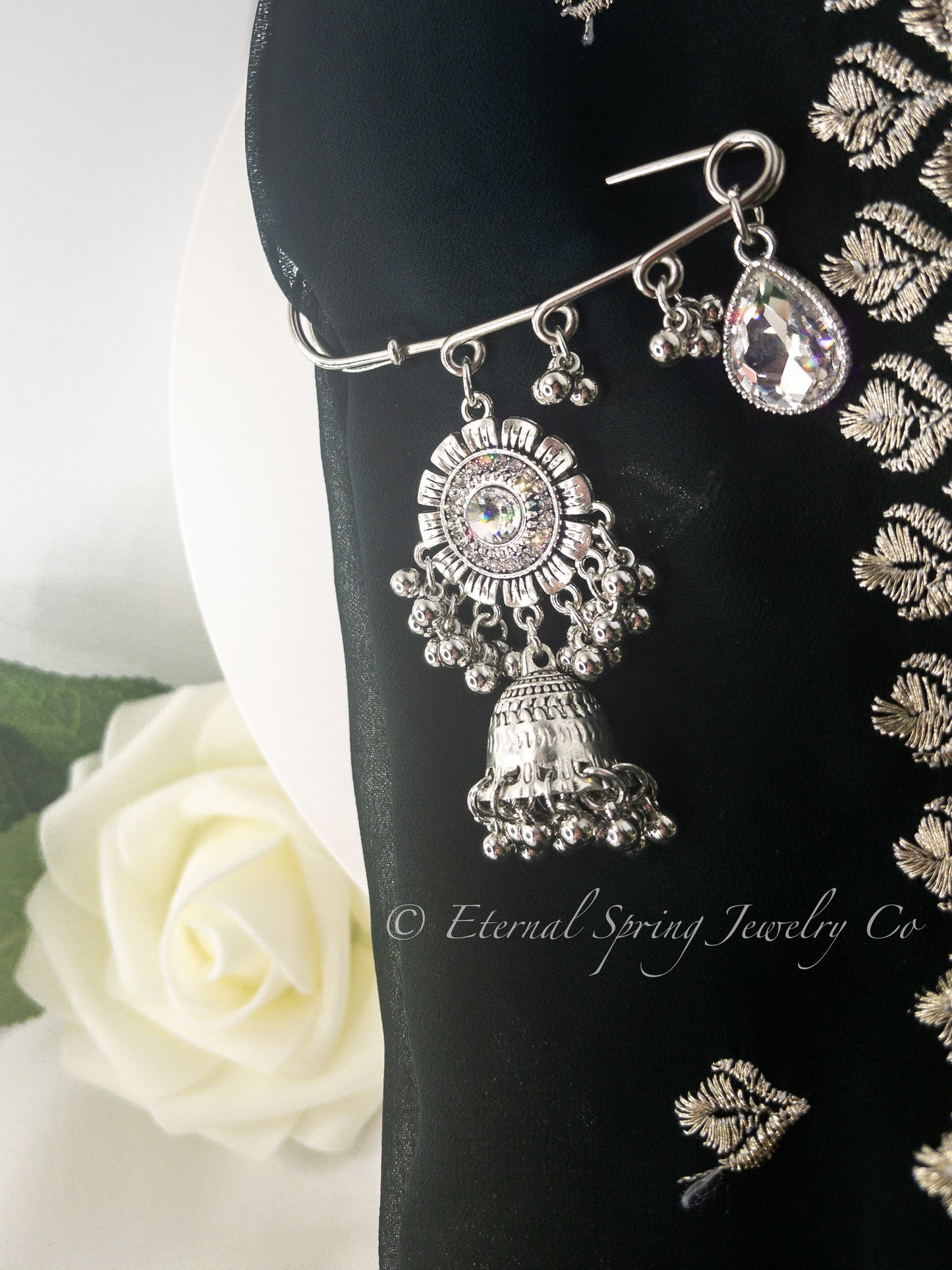 Sparkling Silver & Crystal Saree Pin