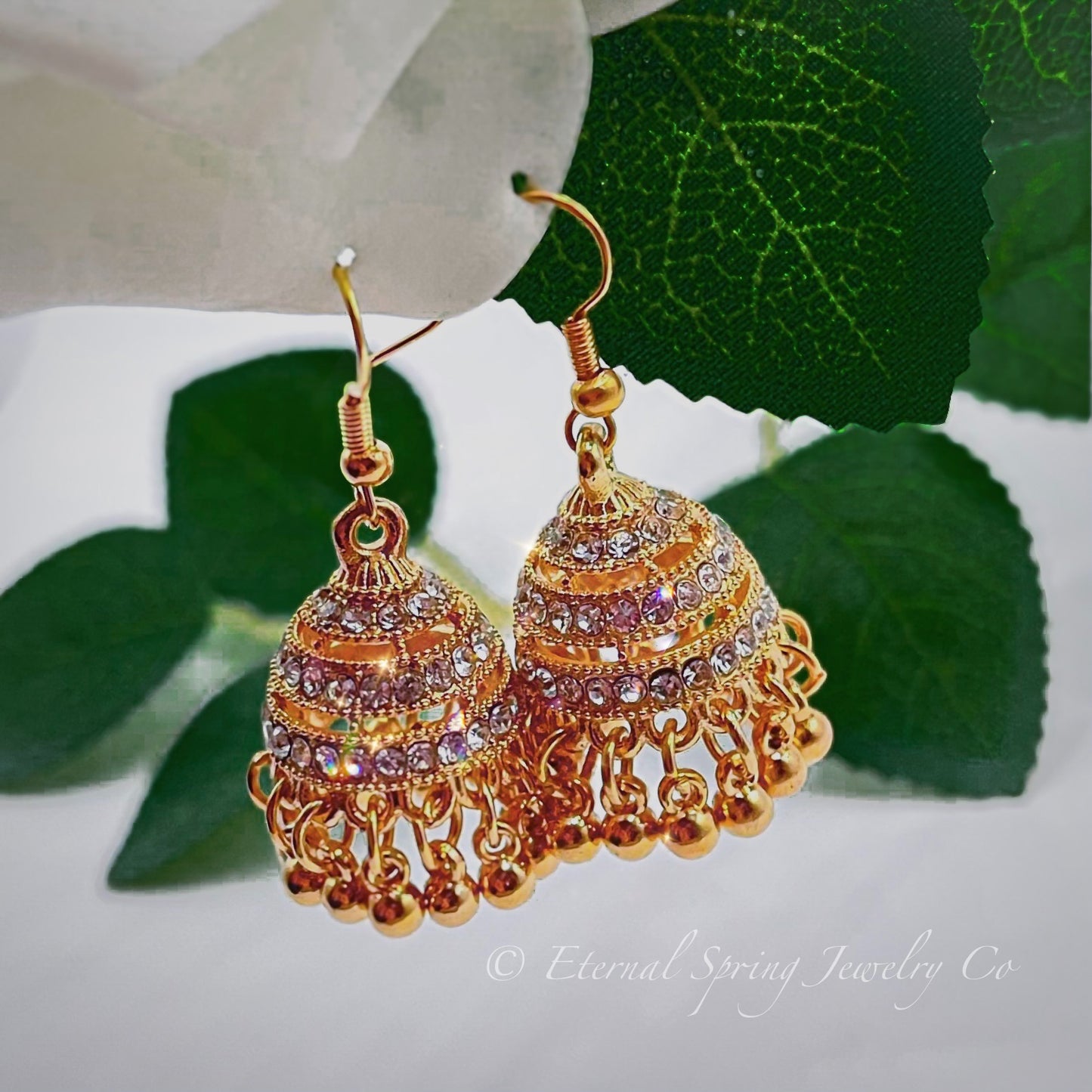 Elegant Golden Jhumka Earrings, Banded with Sparkling Clear Crystals