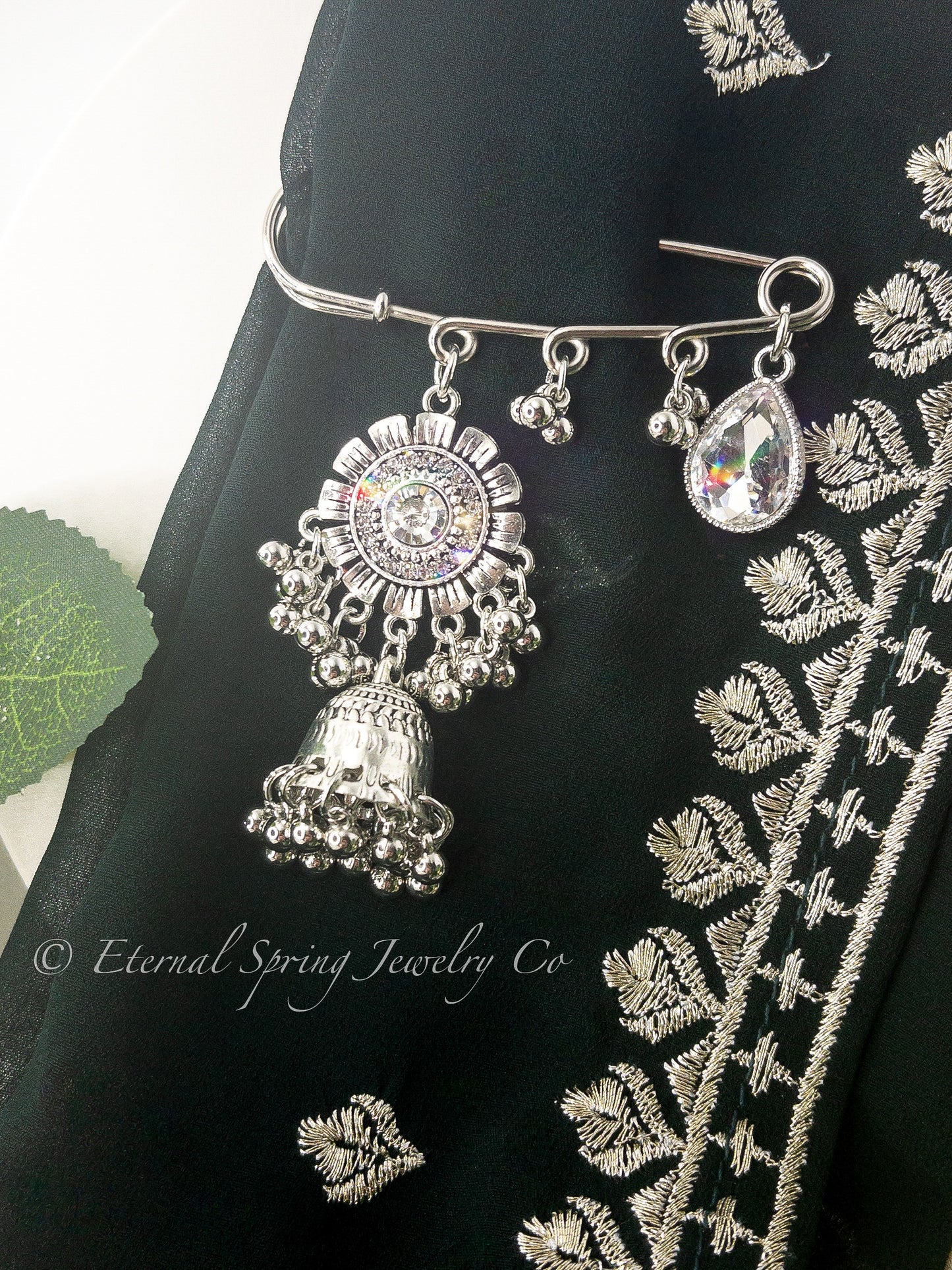 Sparkling Silver & Crystal Saree Pin