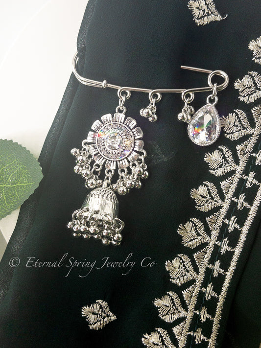 Sparkling Silver & Crystal Saree Pin