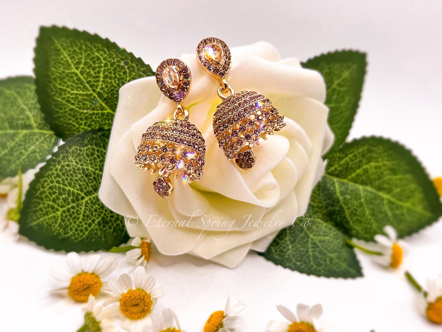 Elegant Golden Jhumka Earrings with Sparkling Champagne Crystals