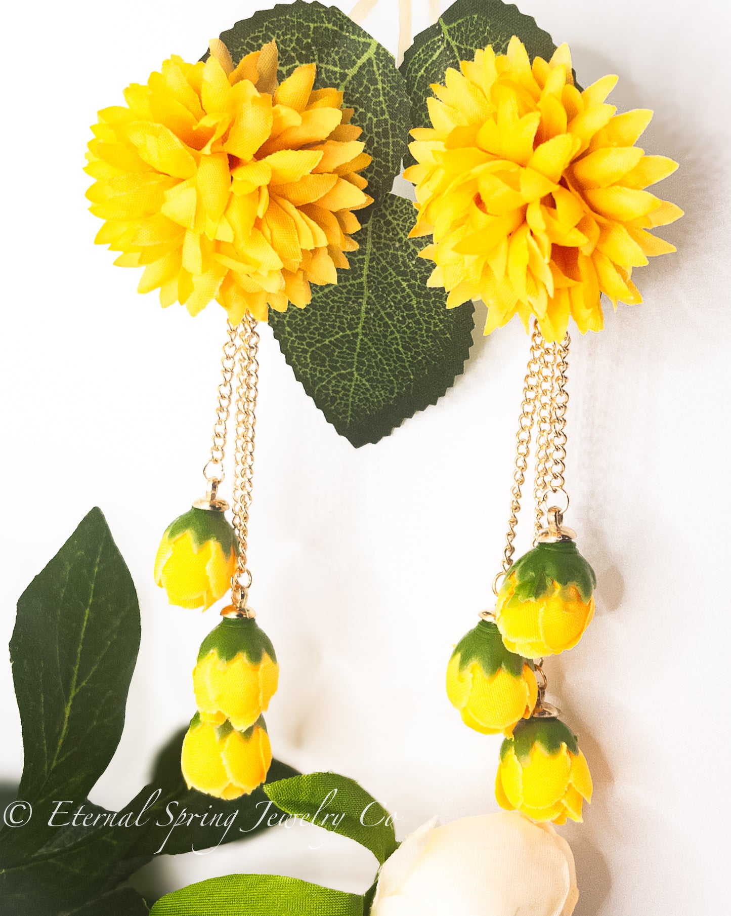 Whimsical Marigold Chrysanthemum Bloom Fabric Flower Earrings with Golden Chain & Rose Bud Drops