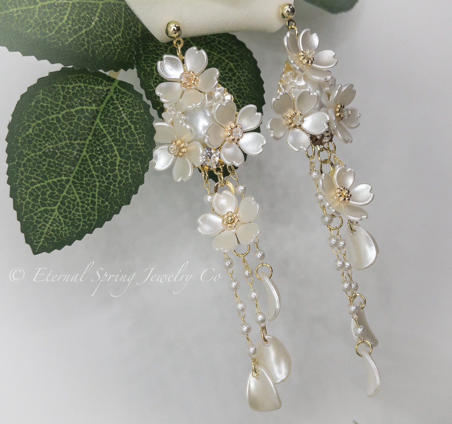 Lightweight, Pearlized White Musk Flower Earrings, Golden Chain & Petal Drops