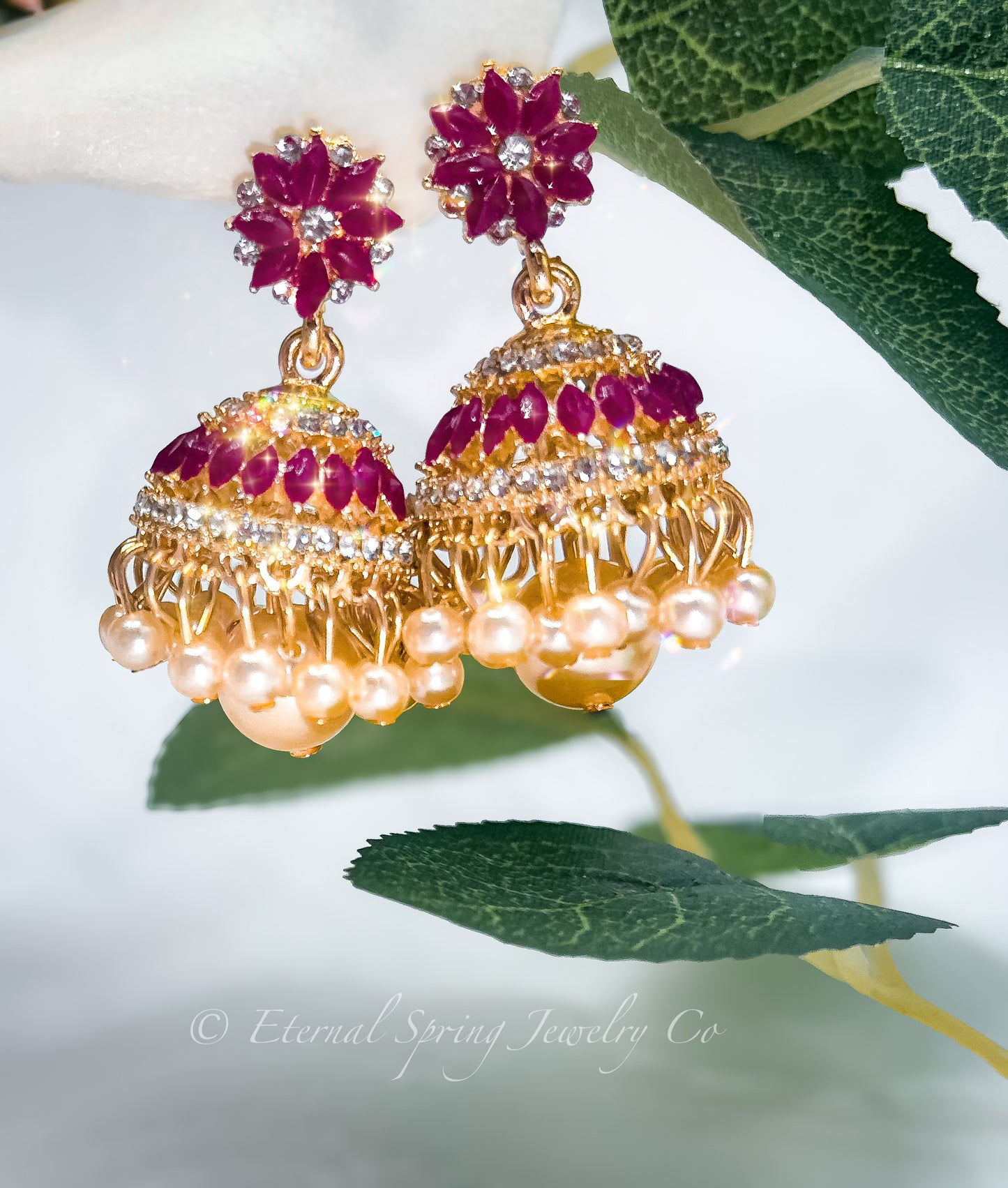 Elegant Golden Jhumka Earrings with Ruby-Red Echinacea Flower, White Crystals and Pearl Drops