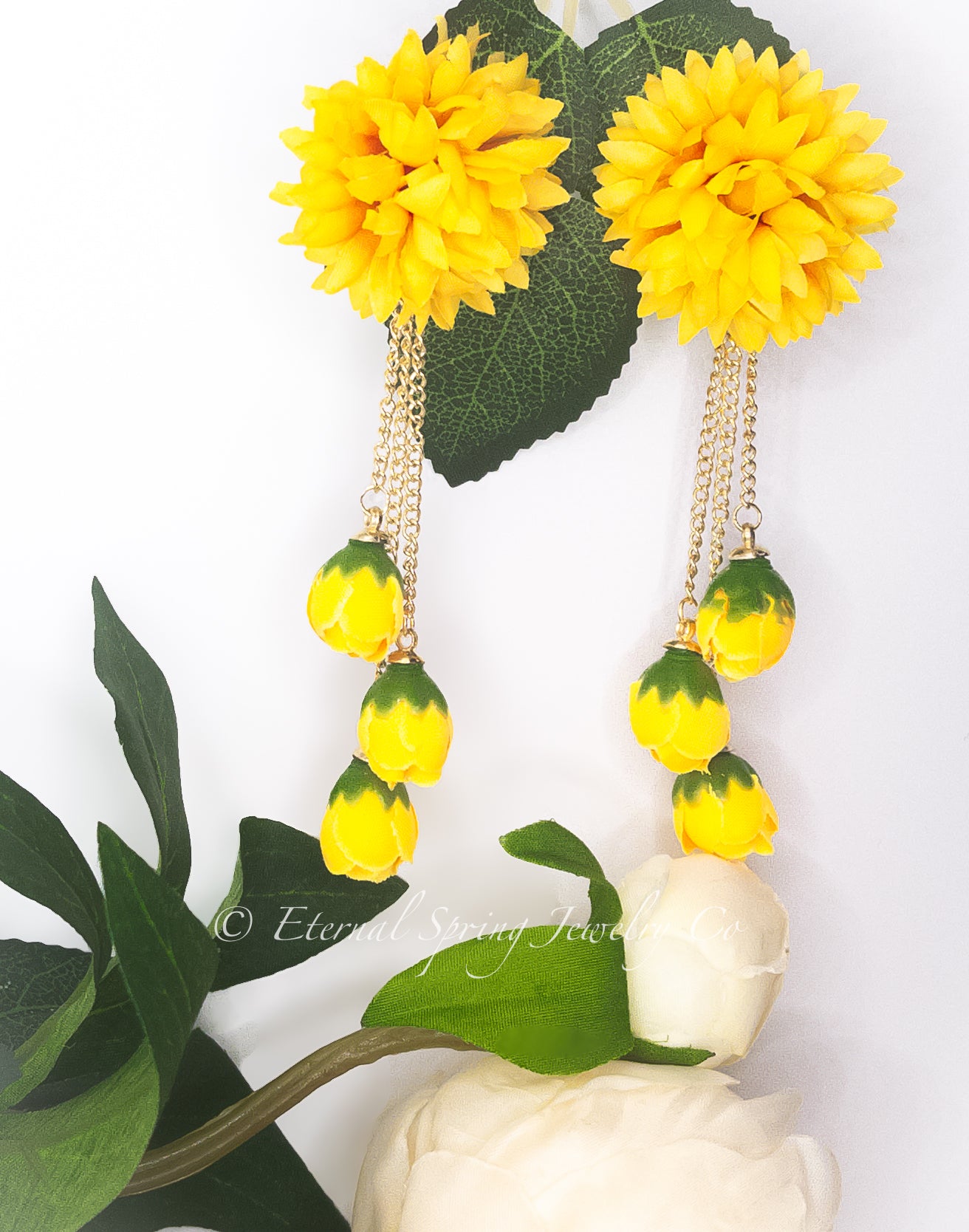 Whimsical Marigold Chrysanthemum Bloom Fabric Flower Earrings with Golden Chain & Rose Bud Drops