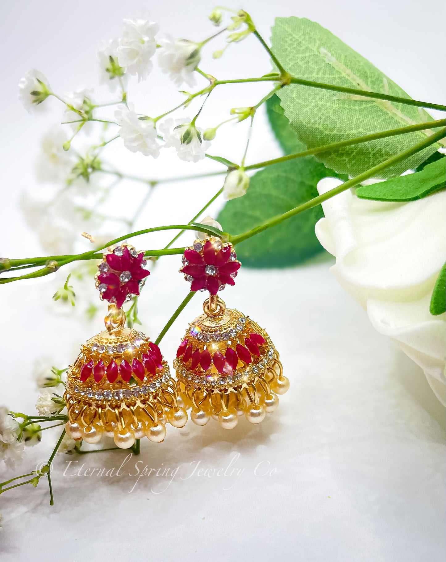 Elegant Golden Jhumka Earrings with Ruby-Red Echinacea Flower, White Crystals and Pearl Drops