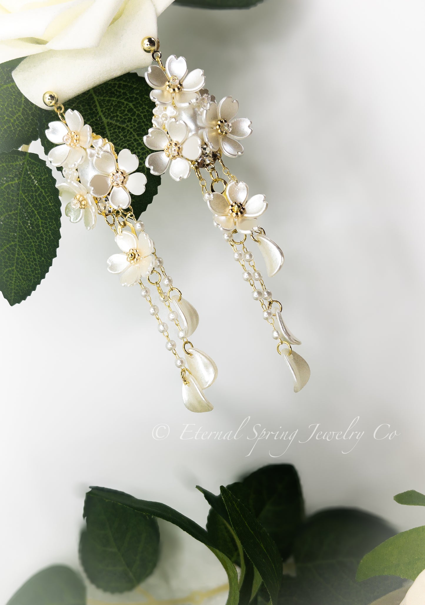 Lightweight, Pearlized White Musk Flower Earrings, Golden Chain & Petal Drops