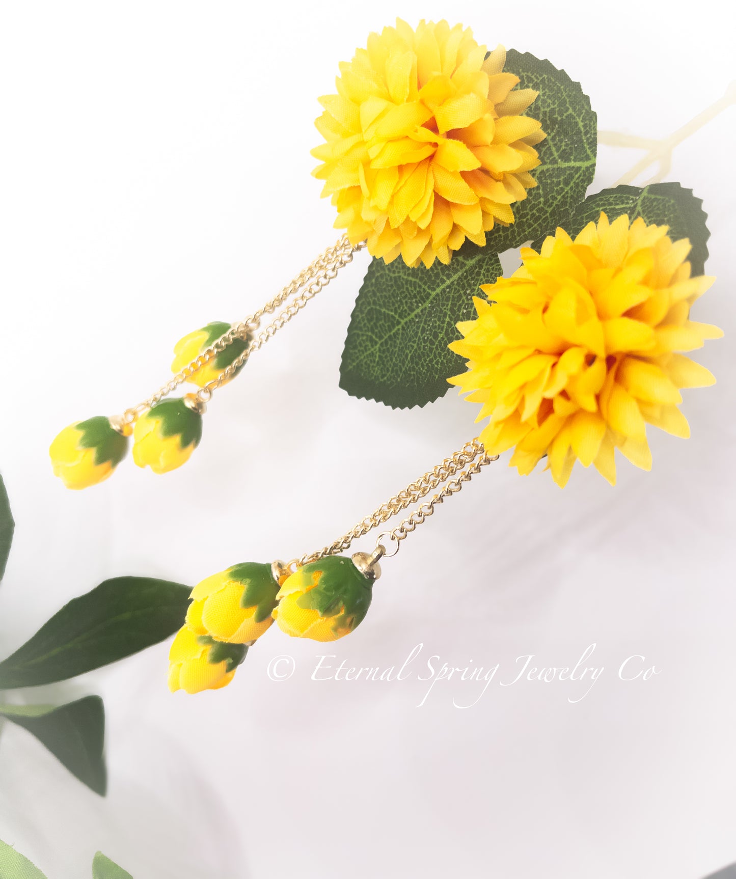 Whimsical Marigold Chrysanthemum Bloom Fabric Flower Earrings with Golden Chain & Rose Bud Drops