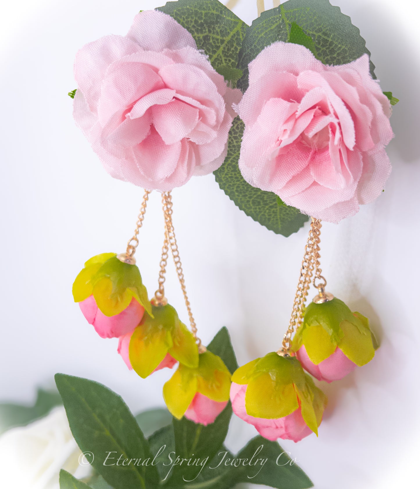 Whimsical Rose Bloom Fabric Flower Earrings with Golden Chain & Rose Bud Drops