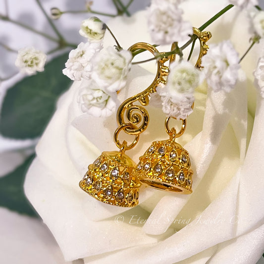 Lightweight, Golden Micro-Jhumka Earrings with Subtle Gold Leaf Pattern & Sparkling Clear Crystals