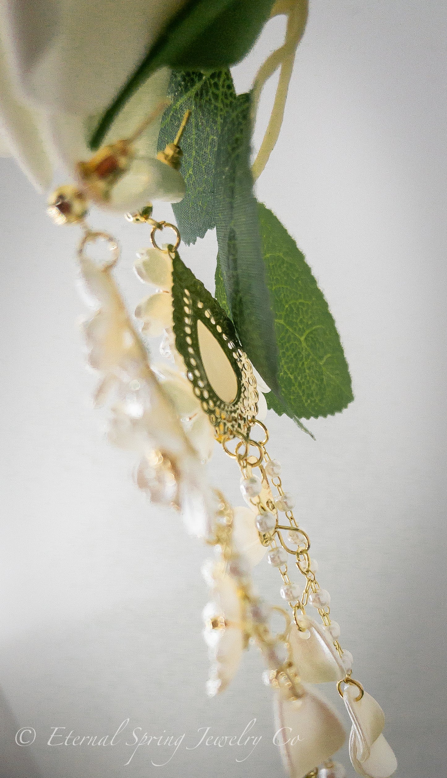 Lightweight, Pearlized White Musk Flower Earrings, Golden Chain & Petal Drops