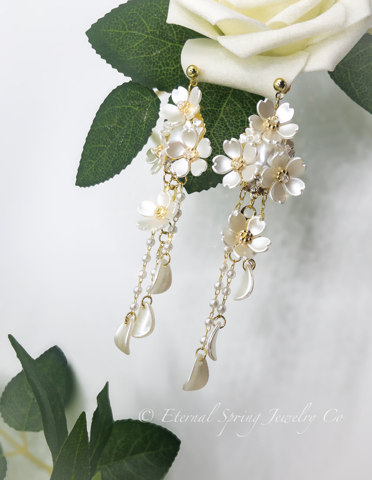 Lightweight, Pearlized White Musk Flower Earrings, Golden Chain & Petal Drops