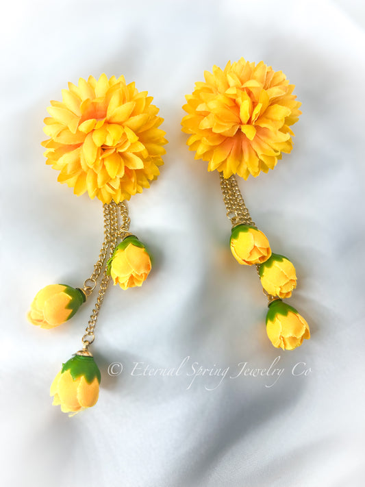 Whimsical Marigold Chrysanthemum Bloom Fabric Flower Earrings with Golden Chain & Rose Bud Drops