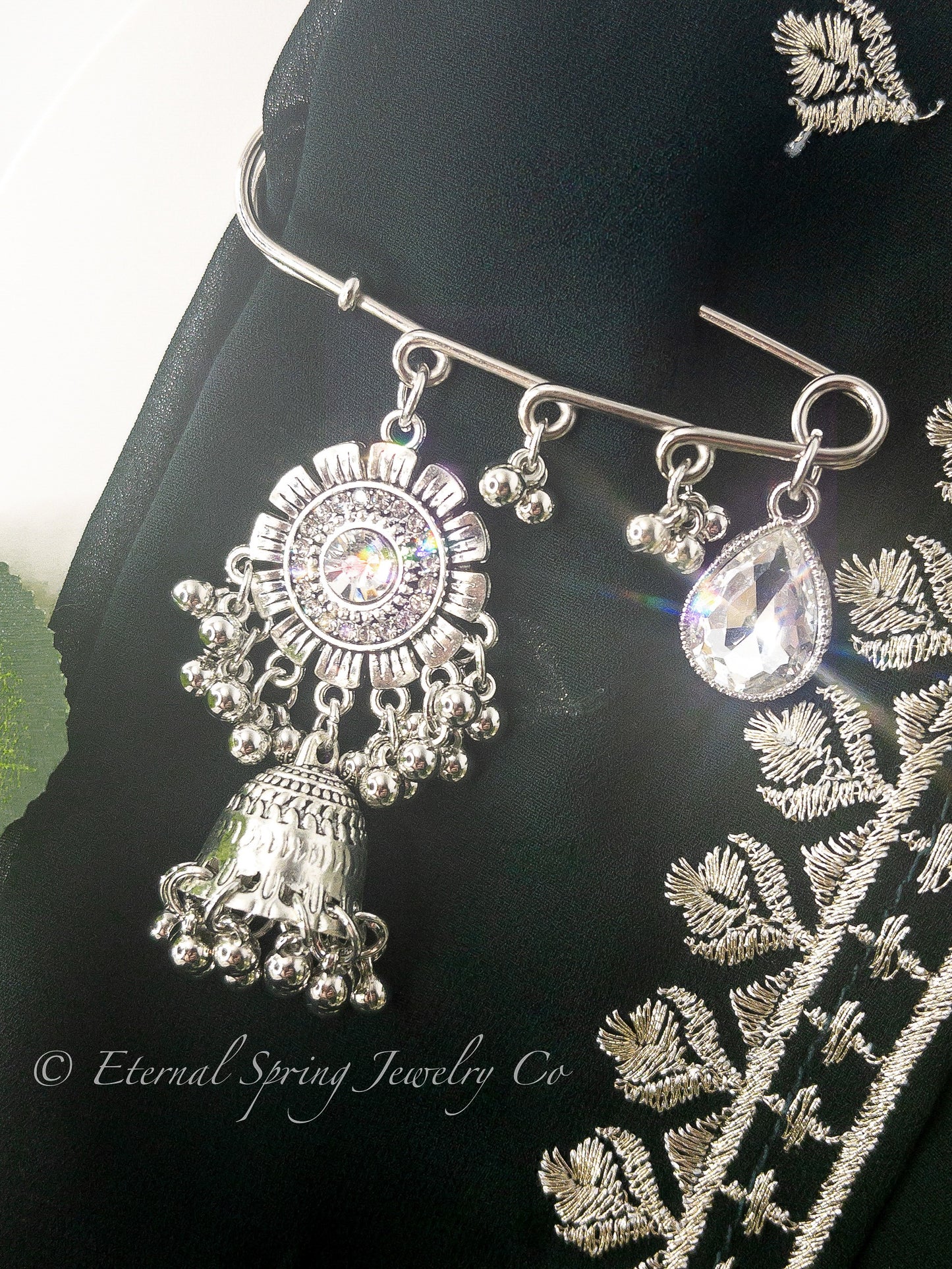 Sparkling Silver & Crystal Saree Pin