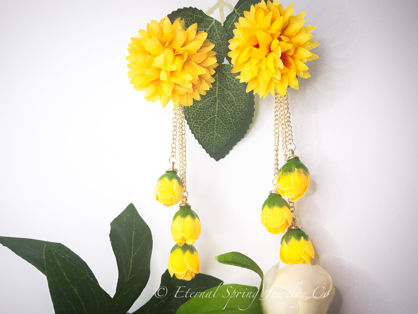 Whimsical Marigold Chrysanthemum Bloom Fabric Flower Earrings with Golden Chain & Rose Bud Drops