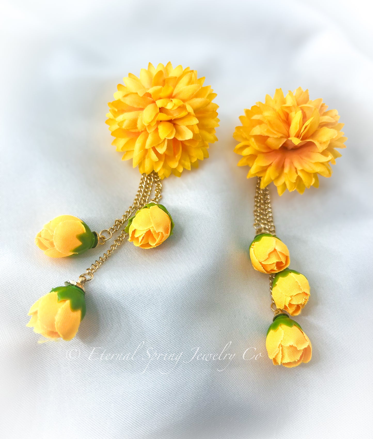 Whimsical Marigold Chrysanthemum Bloom Fabric Flower Earrings with Golden Chain & Rose Bud Drops