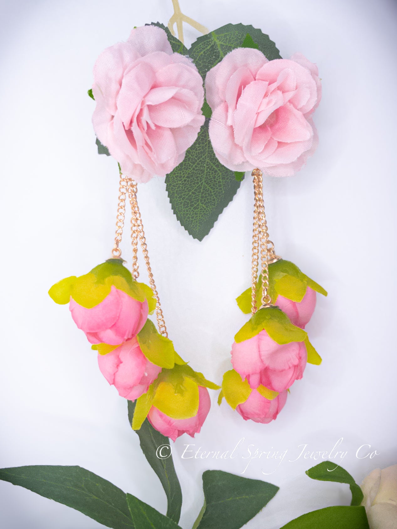 Whimsical Rose Bloom Fabric Flower Earrings with Golden Chain & Rose Bud Drops