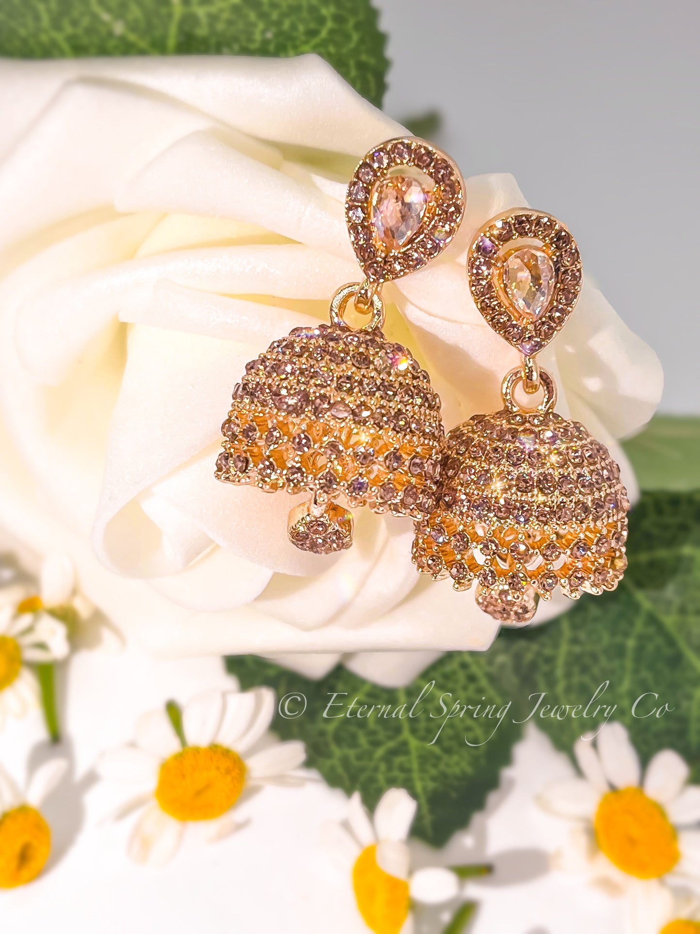 Elegant Golden Jhumka Earrings with Sparkling Champagne Crystals