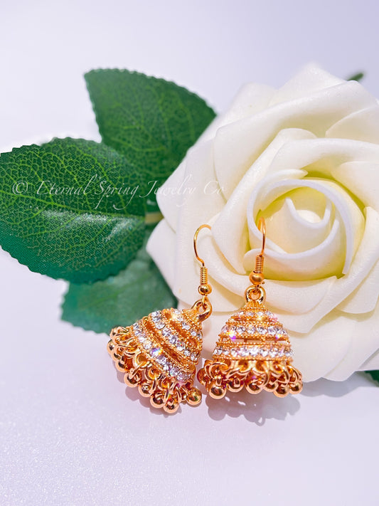 Elegant Golden Jhumka Earrings, Banded with Sparkling Clear Crystals