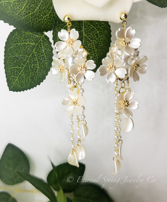 Lightweight, Pearlized White Musk Flower Earrings, Golden Chain & Petal Drops